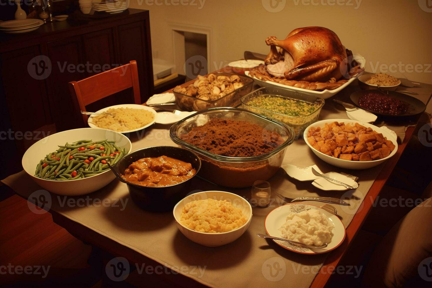 AI generated a table full of food and a turkey photo