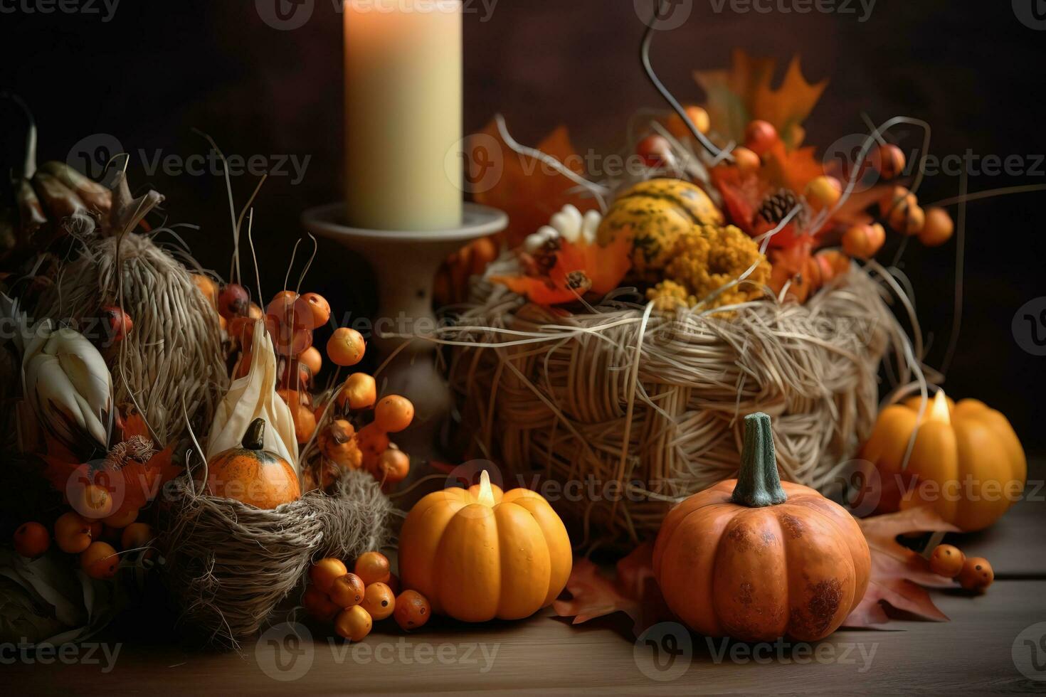 AI generated pumpkins, berries and other fall decorations are arranged on a table photo