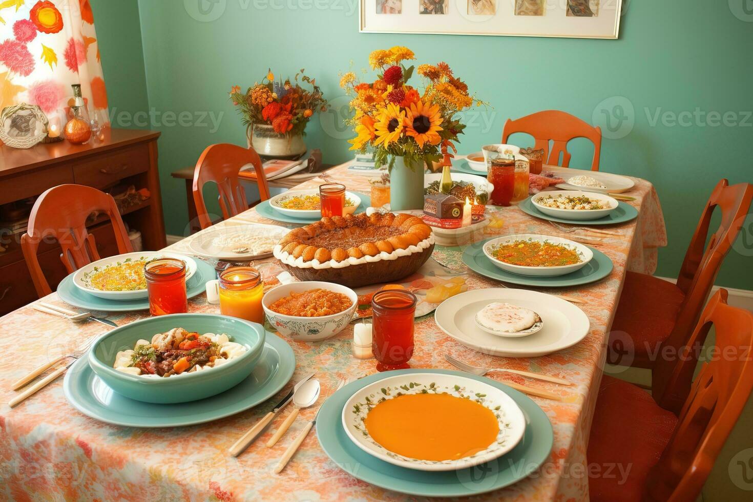 a table set for thanksgiving dinner with orange and blue colors photo