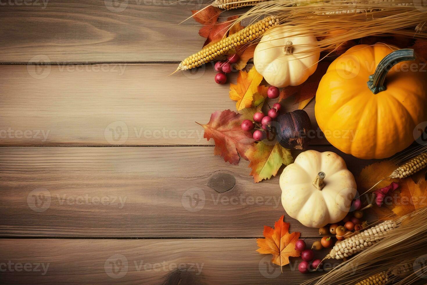 thanksgiving background with pumpkins, corn and autumn leaves photo