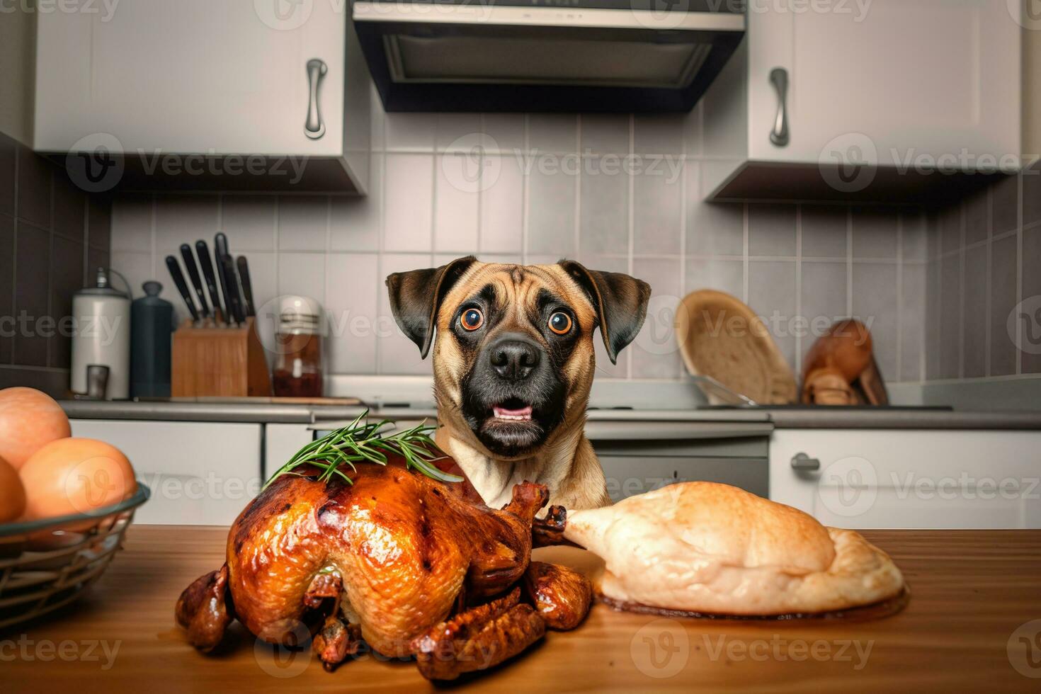 a dog sitting at a table with a turkey and other food photo