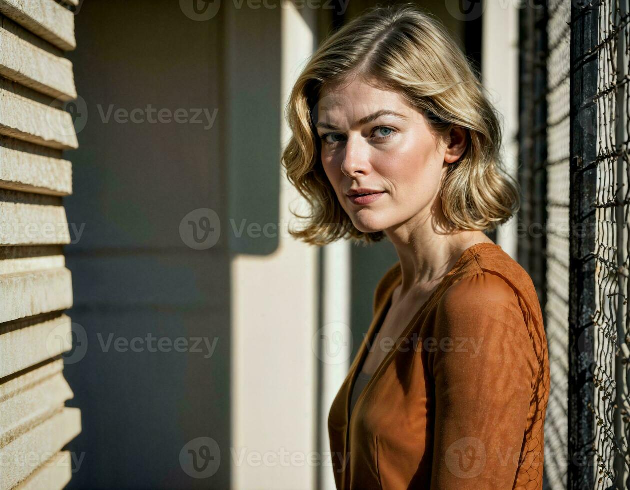 AI generated photo shot from below of beautiful teenage woman standing with high building in background, generative AI