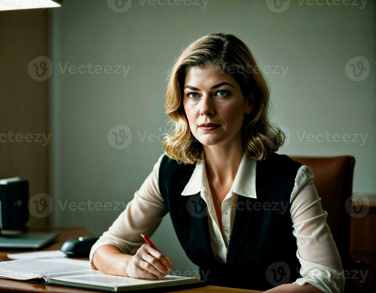 AI generated photo of beautiful middle aged american woman as a secretary at the office, generative AI