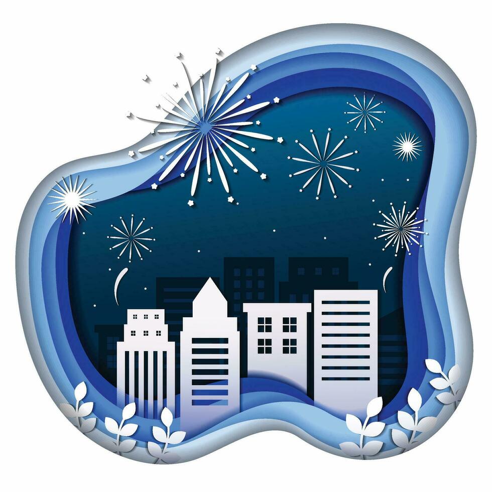 Cityscape with fireworks in paper cut style for happy new year card vector