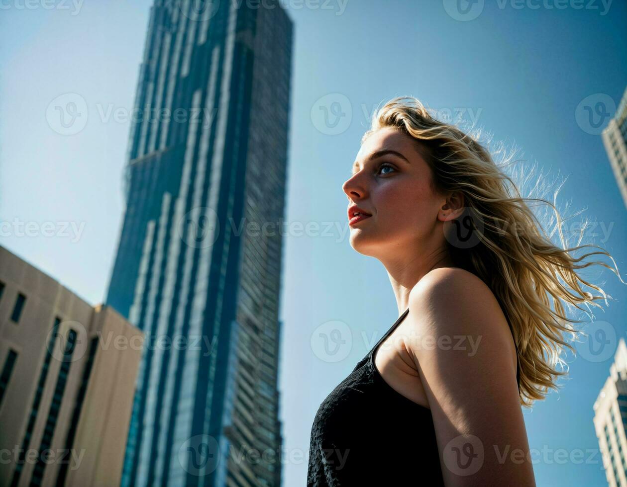 AI generated photo of beautiful middle aged woman in print dress outfit at sunflowers field, generative AI