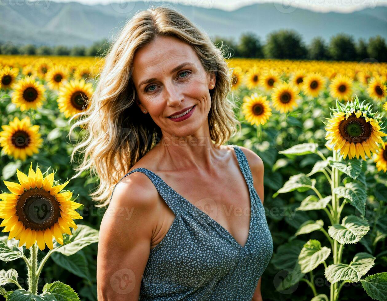 AI generated photo of beautiful middle aged woman in print dress outfit at sunflowers field, generative AI