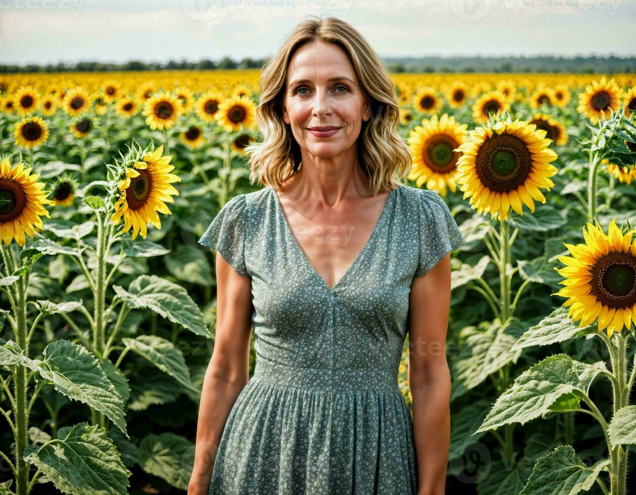 AI generated photo of beautiful middle aged woman in print dress outfit at sunflowers field, generative AI