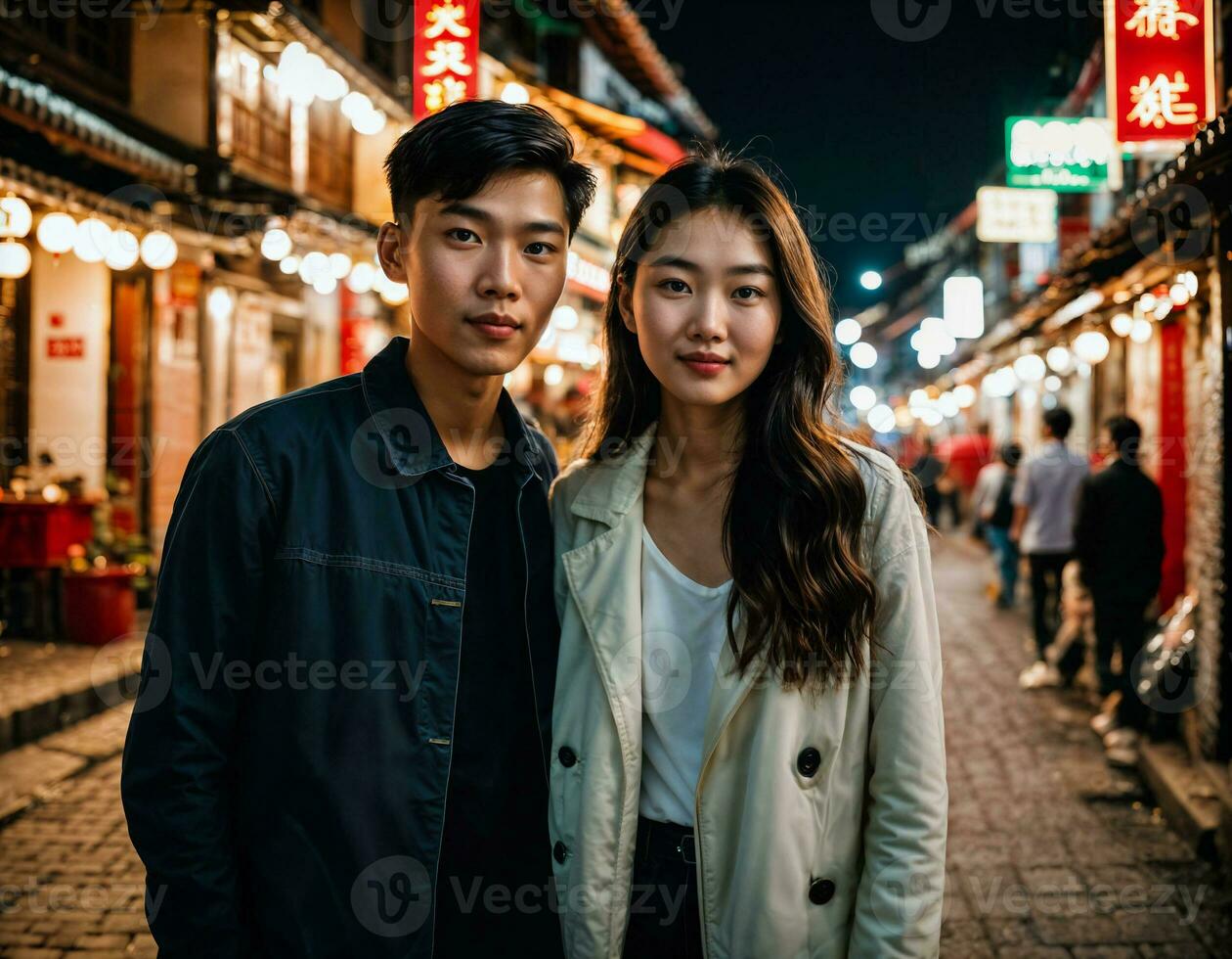 AI generated photo of senior asian woman during heavy rain and flood on road at chinatown street at night, generative AI