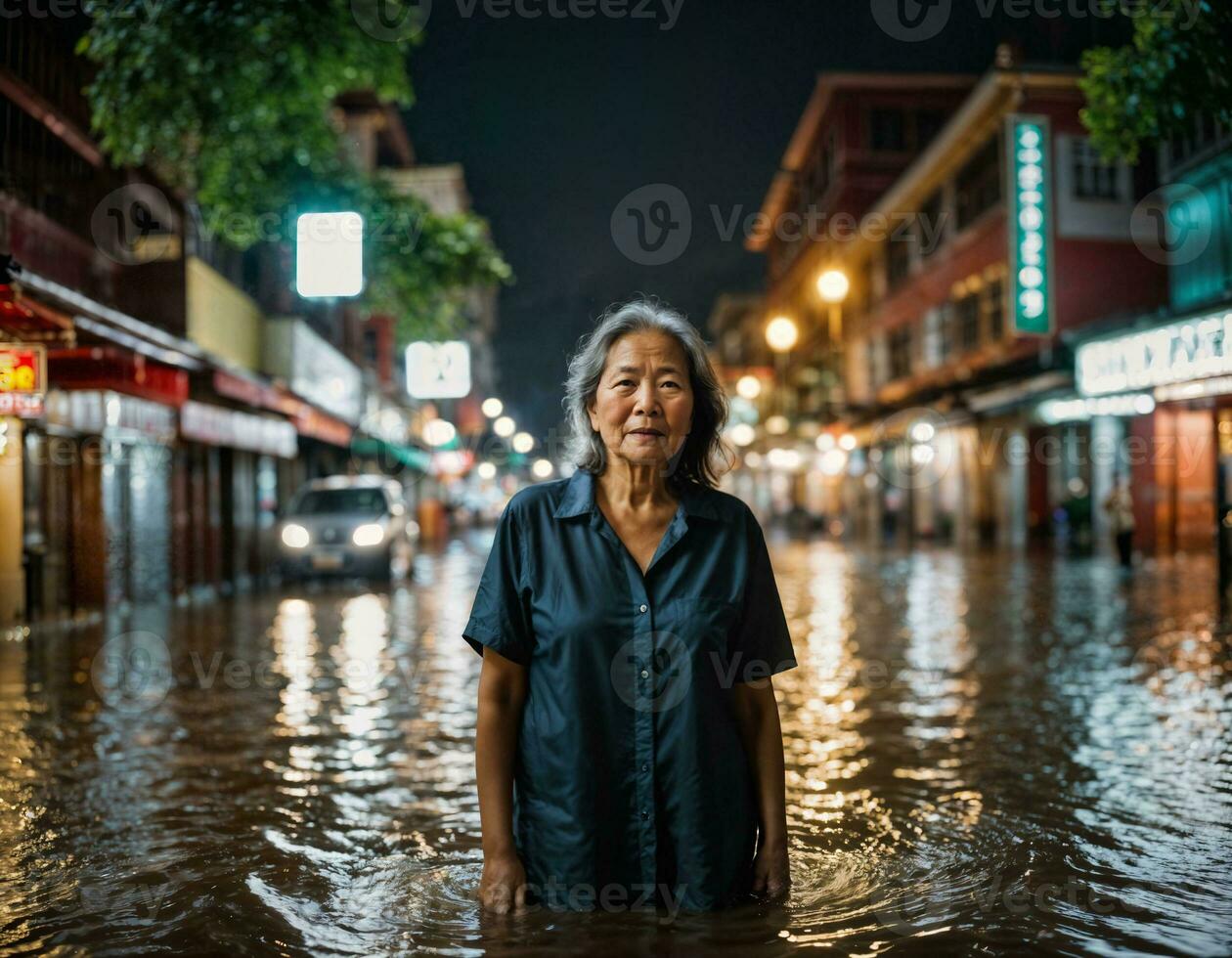 ai generado foto de mayor asiático mujer durante pesado lluvia y inundar en la carretera a barrio chino calle a noche, generativo ai