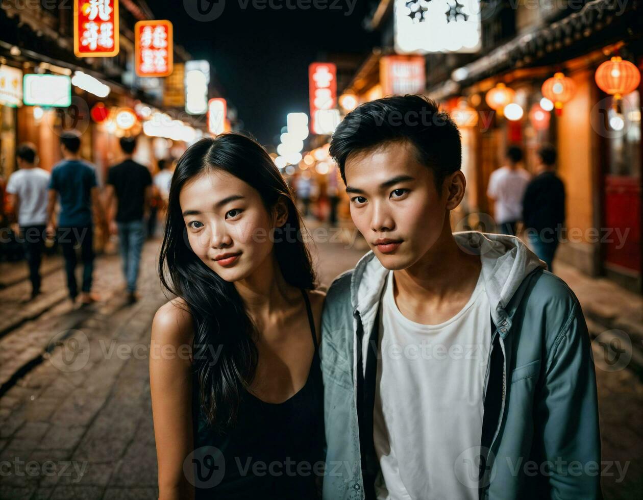 AI generated photo of senior asian woman during heavy rain and flood on road at chinatown street at night, generative AI