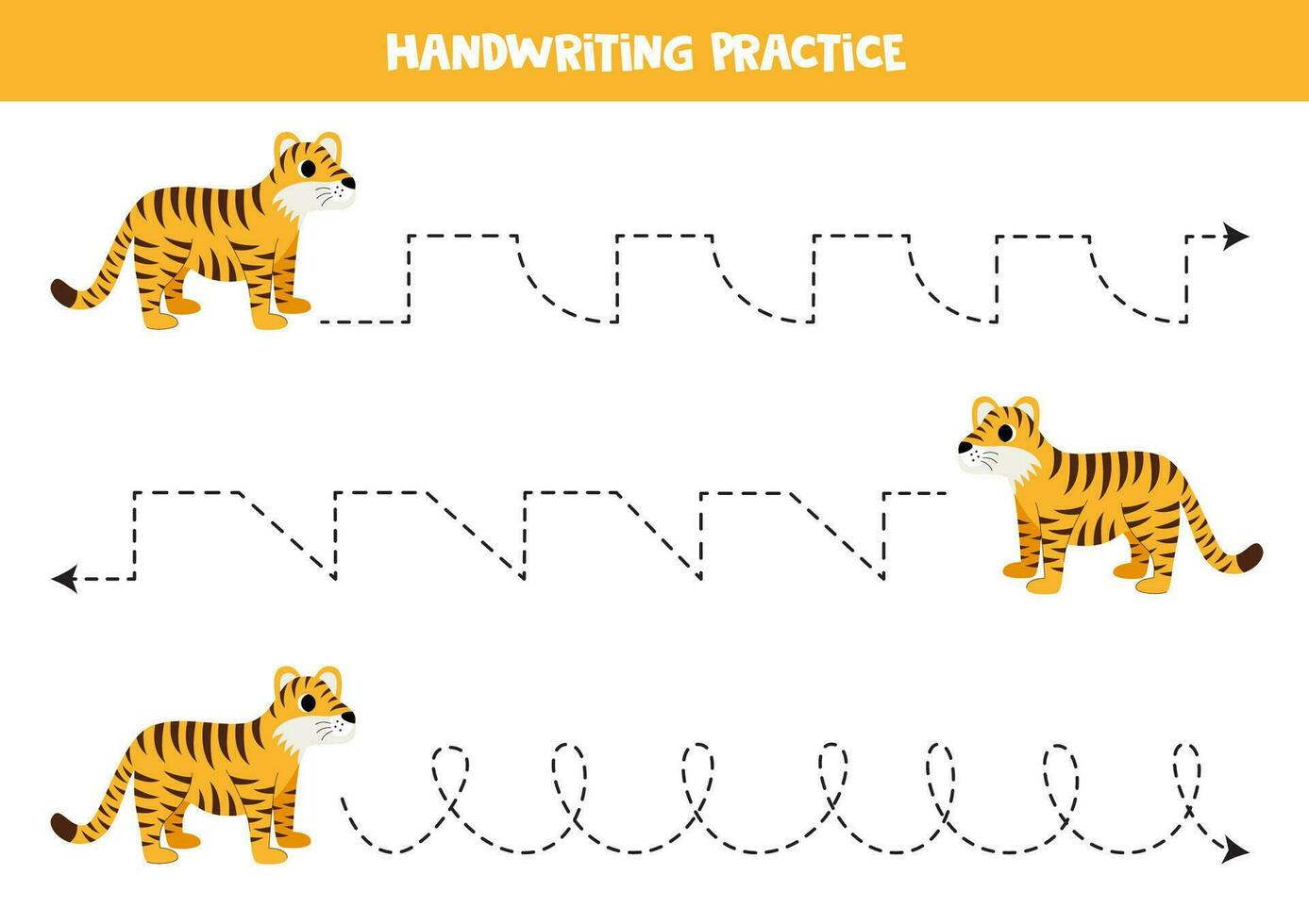 Tracing lines for kids. Cute cartoon tiger. Handwriting practice. vector