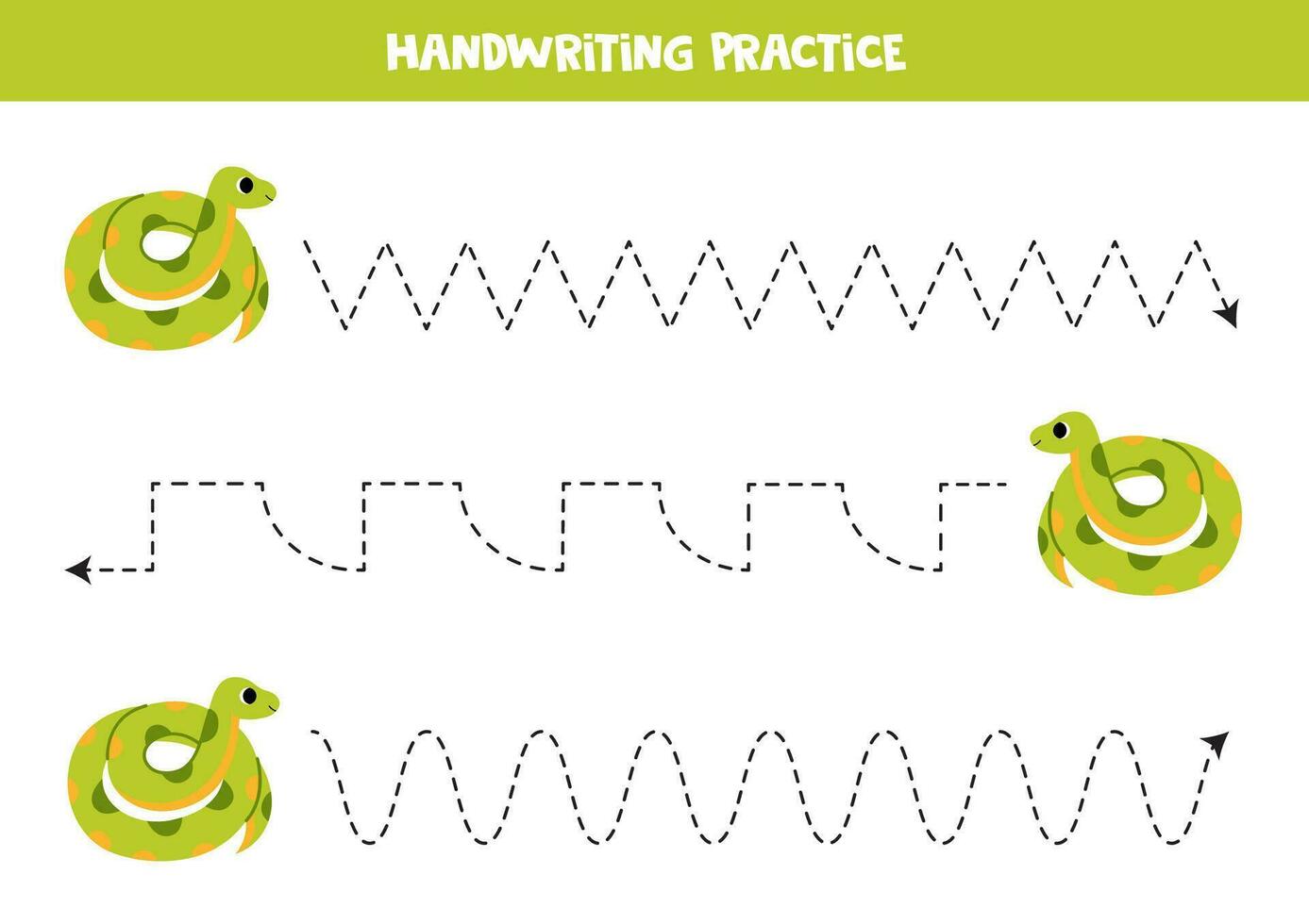 Tracing lines for kids. Cute cartoon green anaconda. Handwriting practice. vector