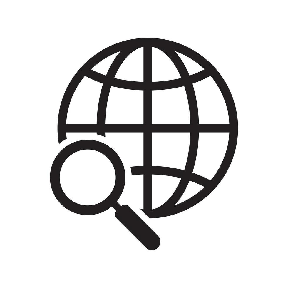 Global search icon. Magnifier and globe icon, search for a place on a map or on the globe sign. The icon of the magnifying glass and planet Earth. vector