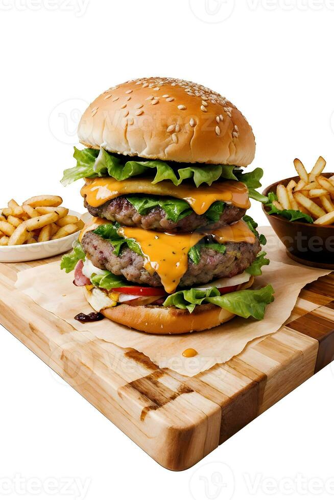 AI generated American Cheeseburger in CuttingBoard isolated on White Background Ai Genrative photo