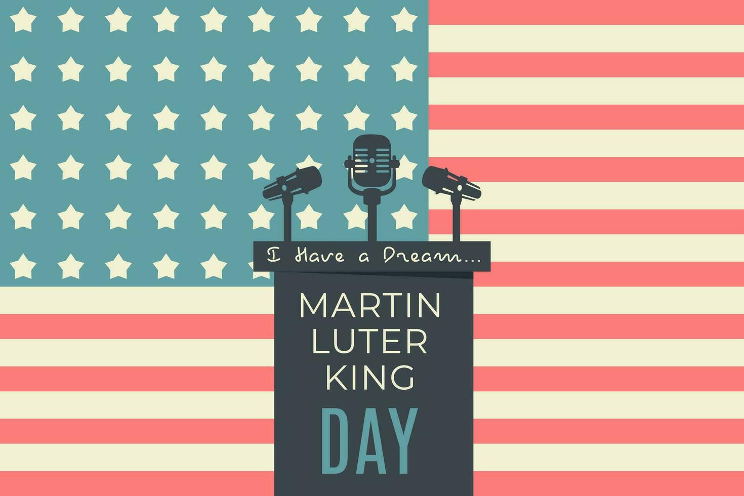 Martin Luter King Jr. day. MLK day. Horizontal banner with American flag, stand, microphones, lettering. Freedom and equality concept. Movement for African American Rights. Vector illustration