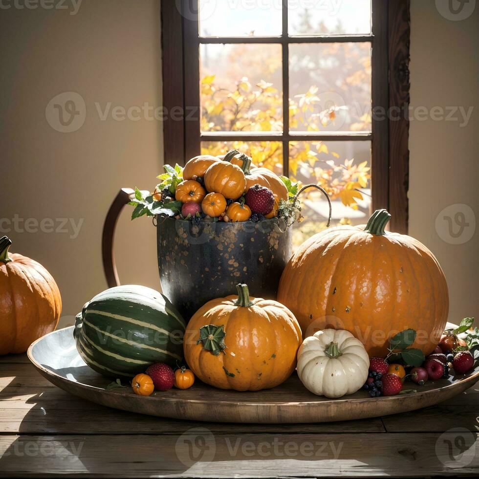 AI generated Autumn Still Life Thanksgiving Harvest Rustic Style Ai Generative photo