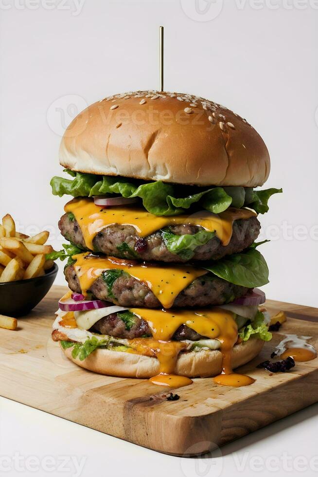 AI generated Cheese Burger with Fries in Wooden Cutting board Ai Generative photo