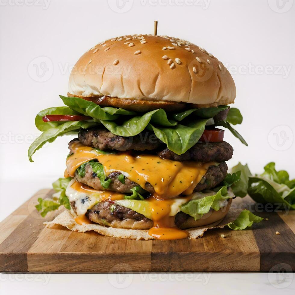 AI generated Cheese Burger with Fries in Wooden Cutting board Ai Generative photo