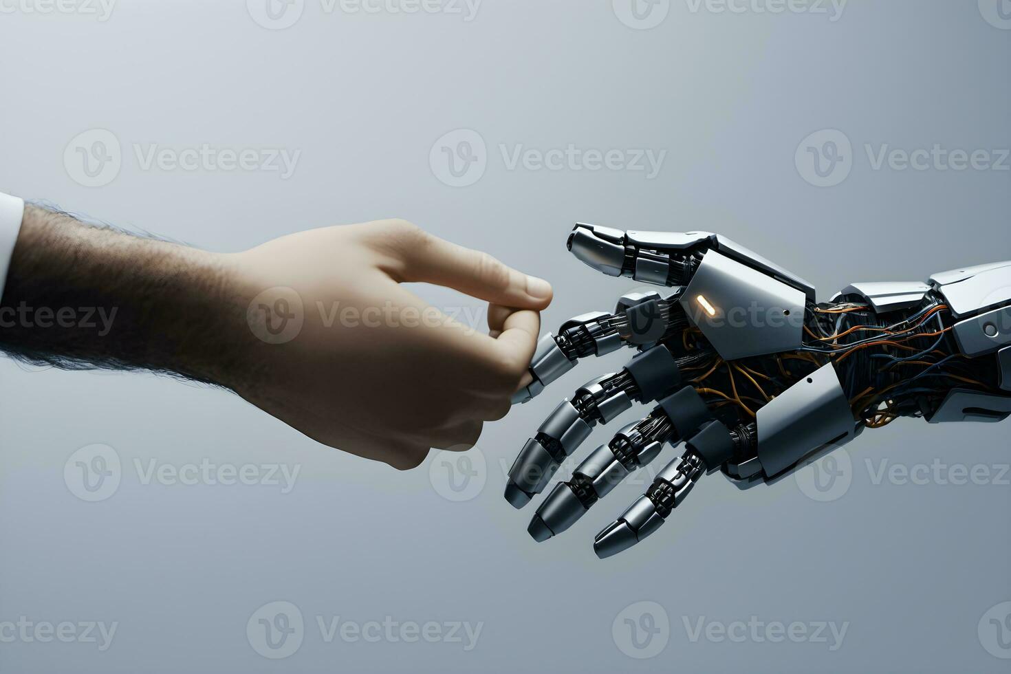 ai generado cerca arriba apretón de manos robot y humano ai generativo foto