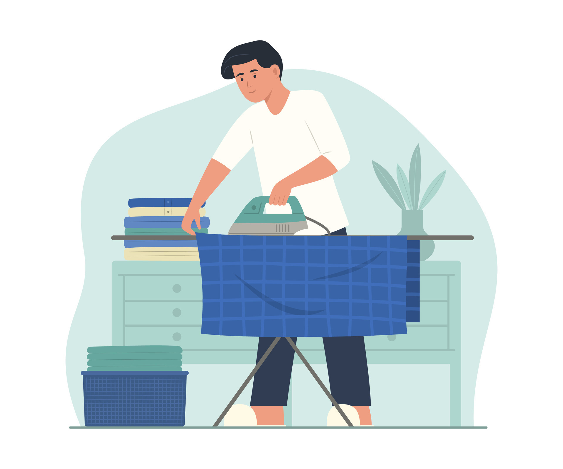 Man Ironing Clothes with Electric Iron at Home for Housework Concept