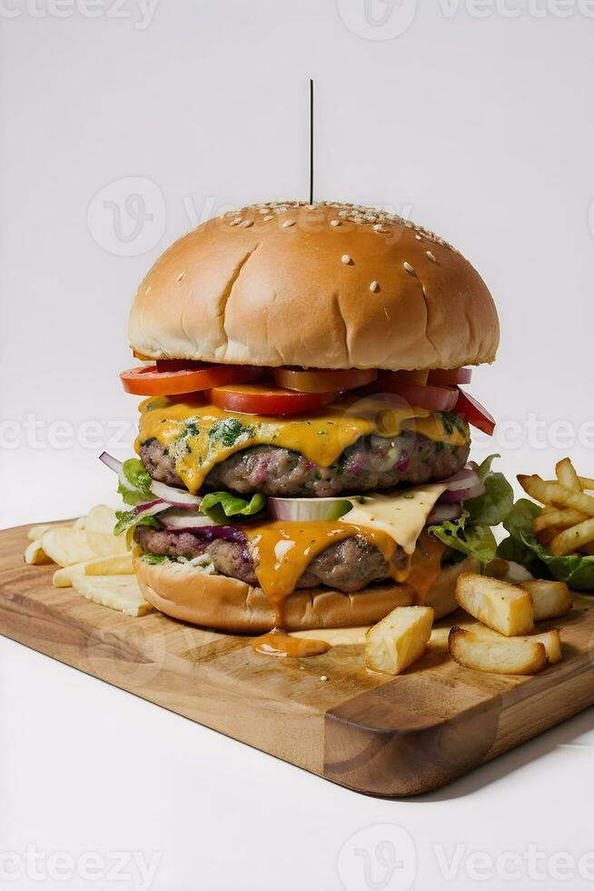 AI generated Cheese Burger with Fries in Wooden Cutting board Ai Generative photo