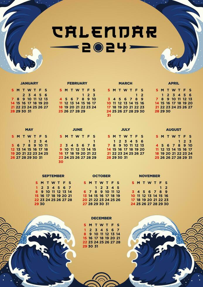 Vector Template Calendar 2024 Japanese Wave Themes