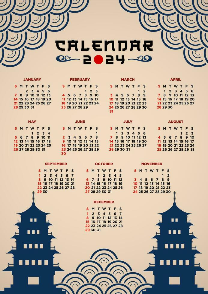 Vector Template Calendar 2024 Japanese Wave Themes