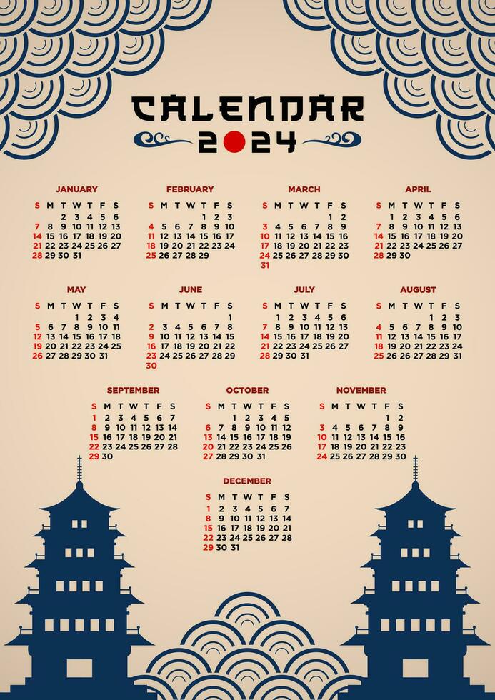 vector modelo calendario 2024 japonés ola temas