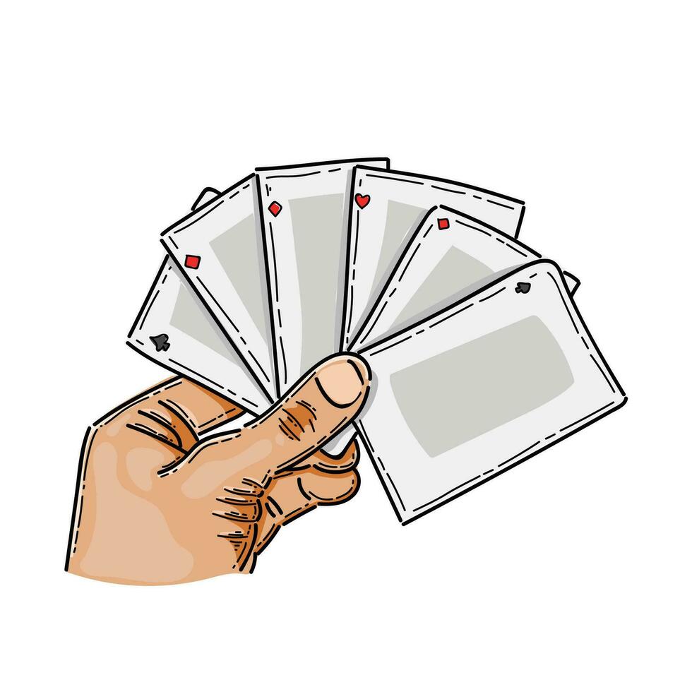 Hand with playing cards. Vintage clipart stylized drawing. Vector illustration