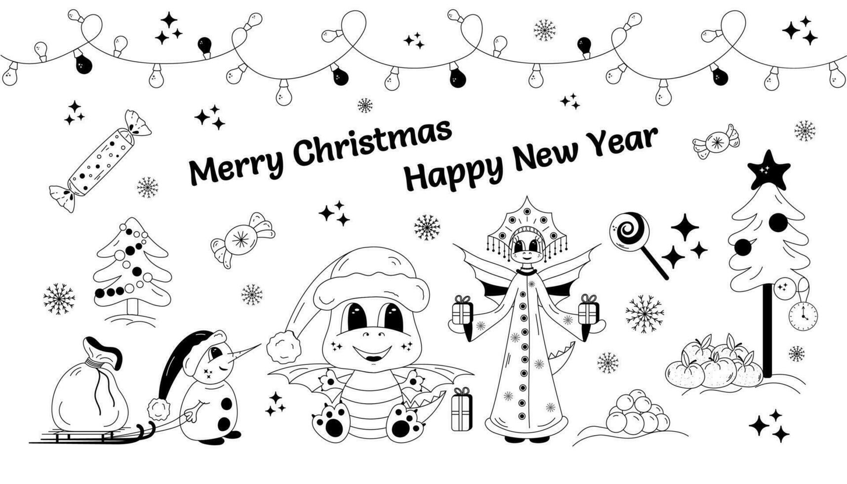 Set New Year, Christmas black outline vector elements. Dragon Santa Claus, Snow Maiden, Snowman