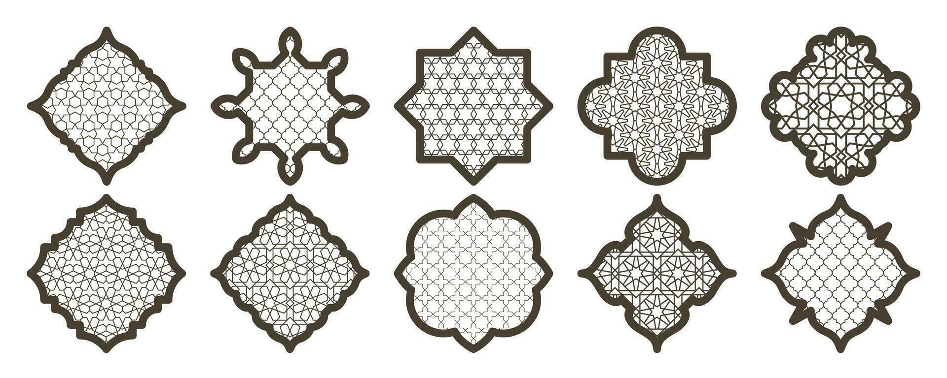 Islamic frame shapes set. Ramadan window with ornamental pattern. Vector oriental decoration design. Arabian traditional outline elements and signs.