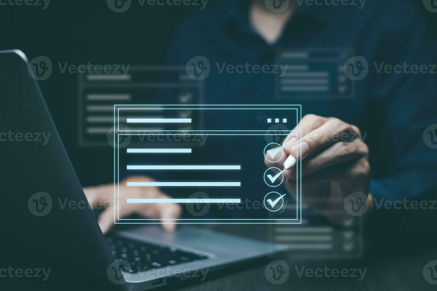 Lista de Verificación y portapapeles tarea documentación administración en línea encuesta, formar Lista de Verificación por ordenador portátil computadora, documento administración comprobación sistema, en línea documentación base de datos y proceso gestionar archivos. foto