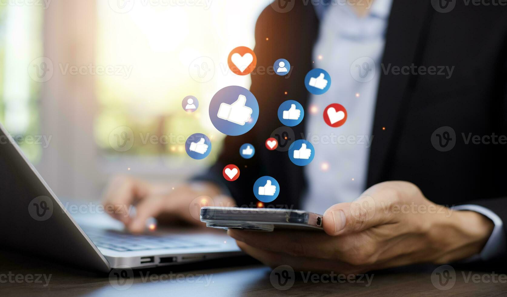 Hand holding smartphone and Social media and digital online concept, smart phone with Social media, concept of living on vacation and playing social media. Social Distancing photo