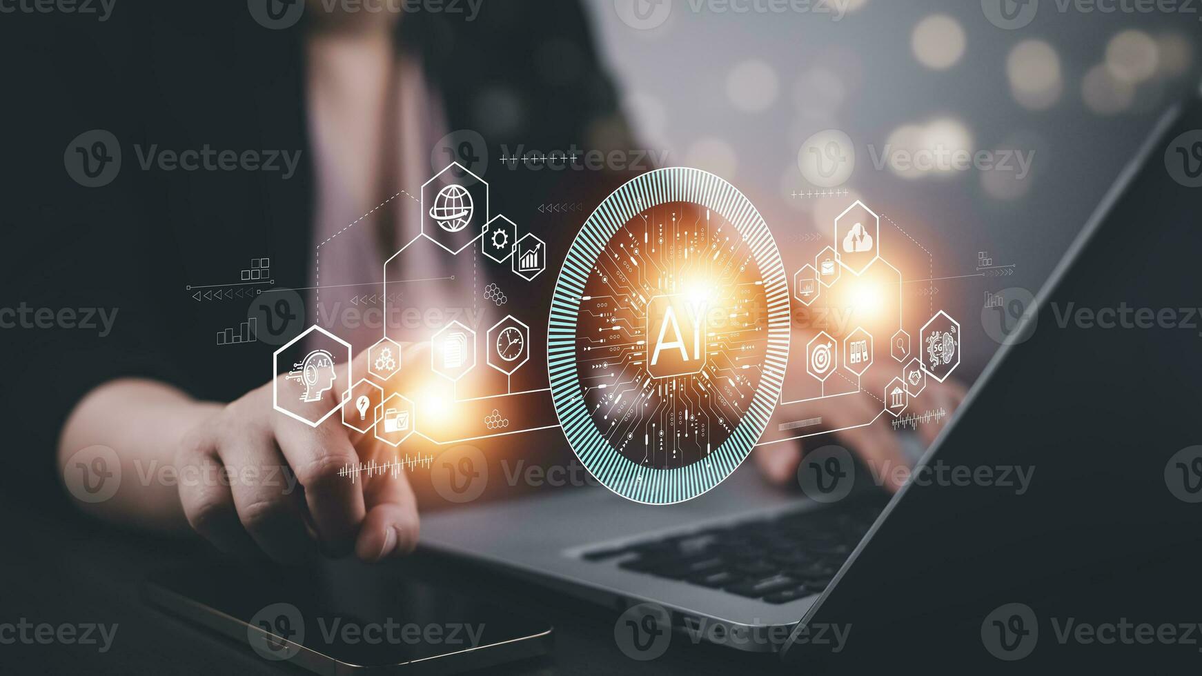 Programmer people working laptops or smartphones with AI, artificial intelligence software engineer coding on laptop computers with technology icons and binary code, big data, Ai bot digital machine photo