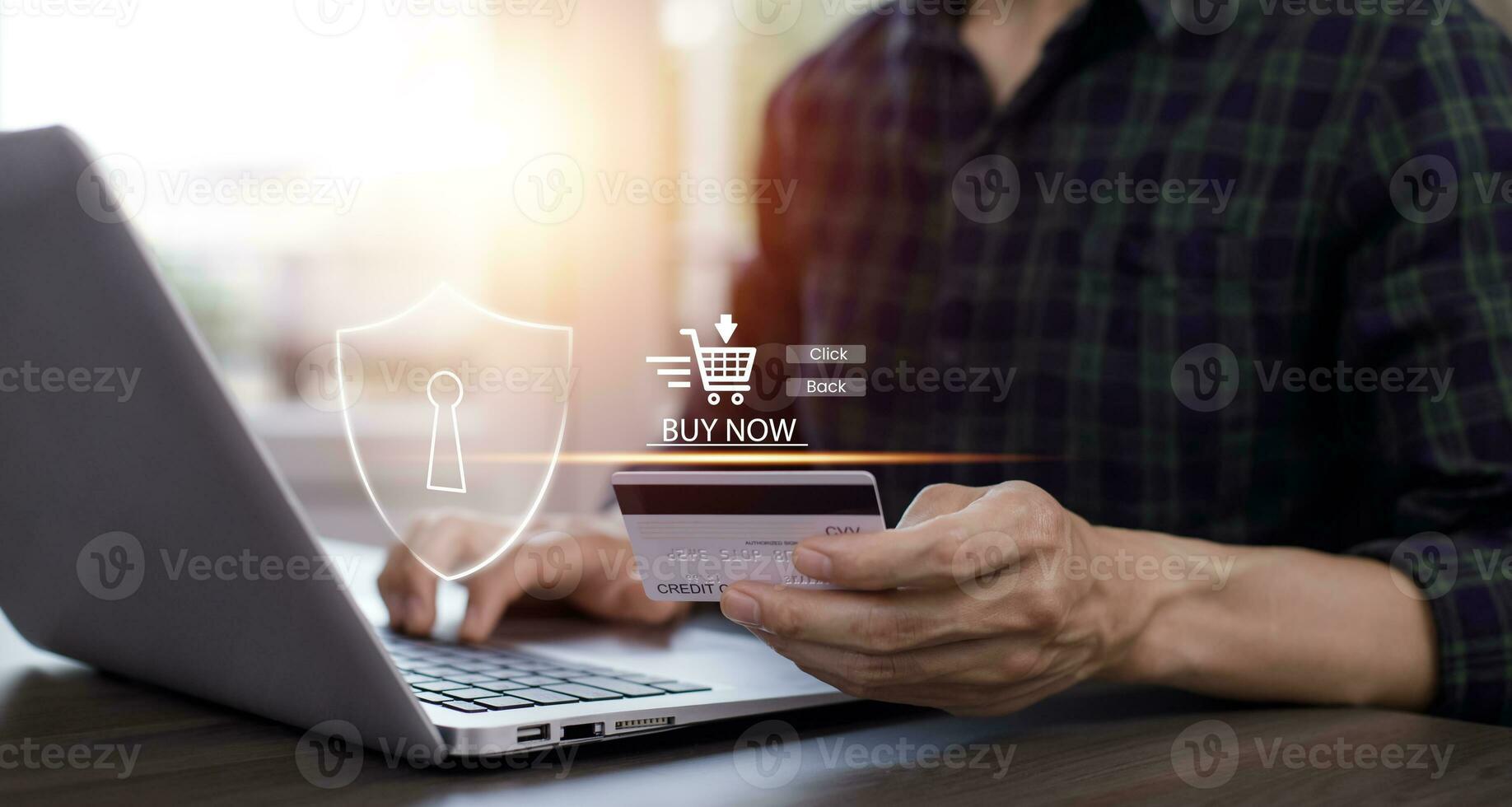 Cybersecurity and Security password login online concept, credit card on the Internet on the laptop computer, online payment, shopping online, e-commerce, internet banking, spending money concept. photo