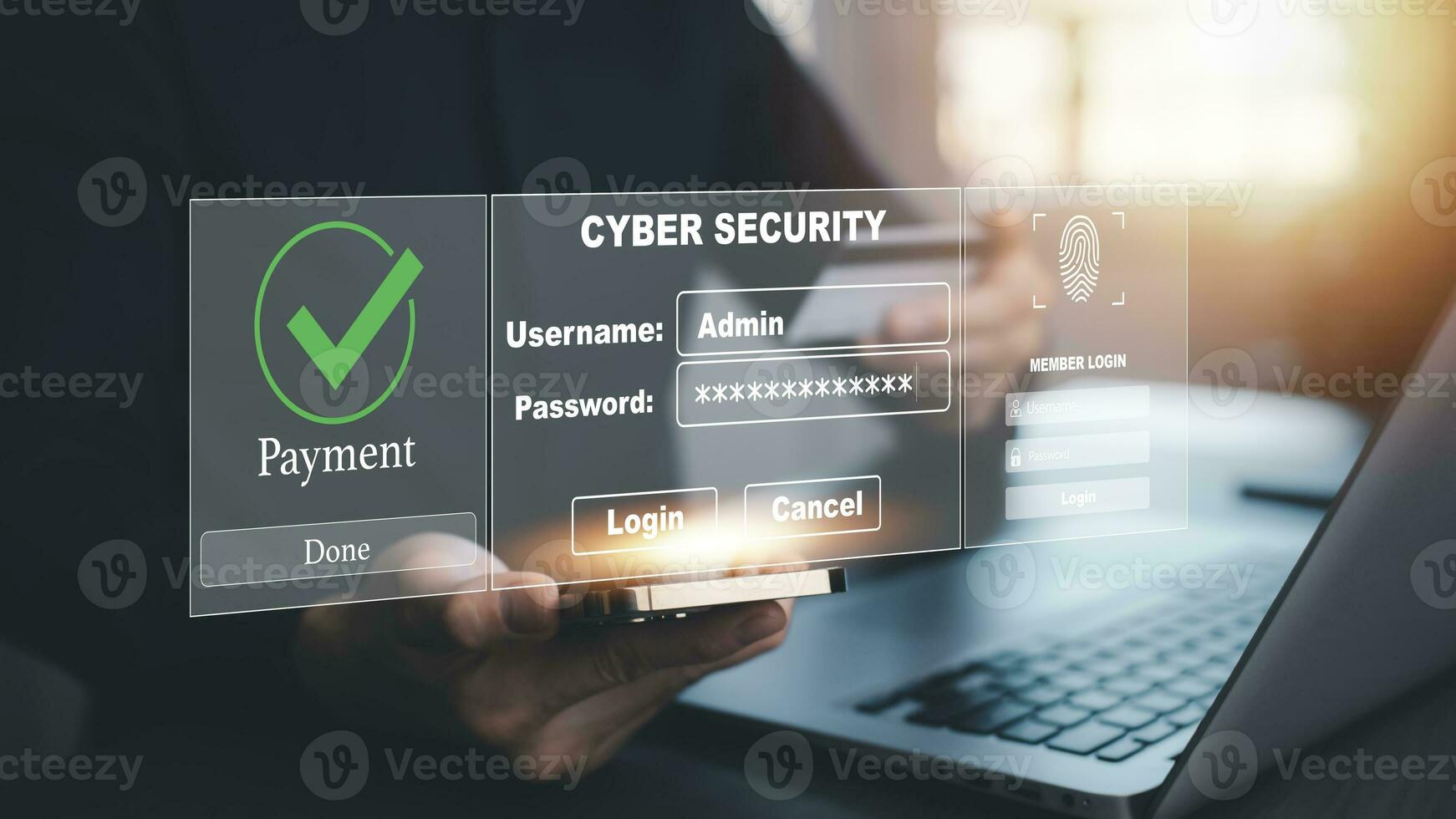 Cyber security payment online and Security password login online concept  Hands typing and entering the username, logging in with smartphone to an online bank account, data protection hacker photo