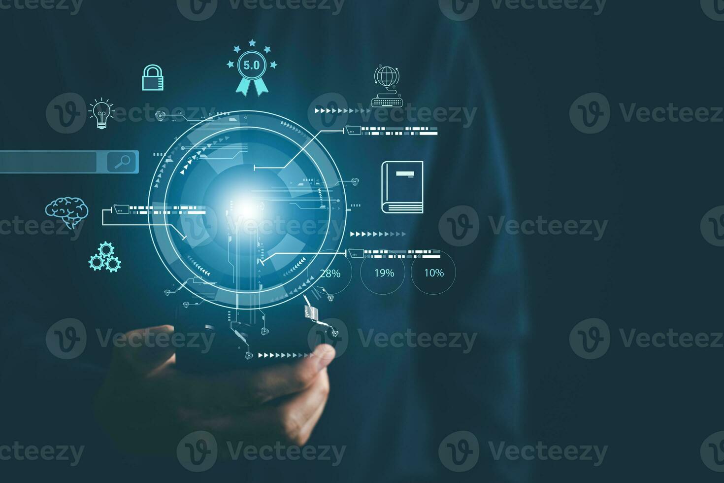 Programmer people working laptops or smartphones with AI, artificial intelligence software engineer coding on laptop computers with technology icons and binary code, big data, Ai bot digital machine photo