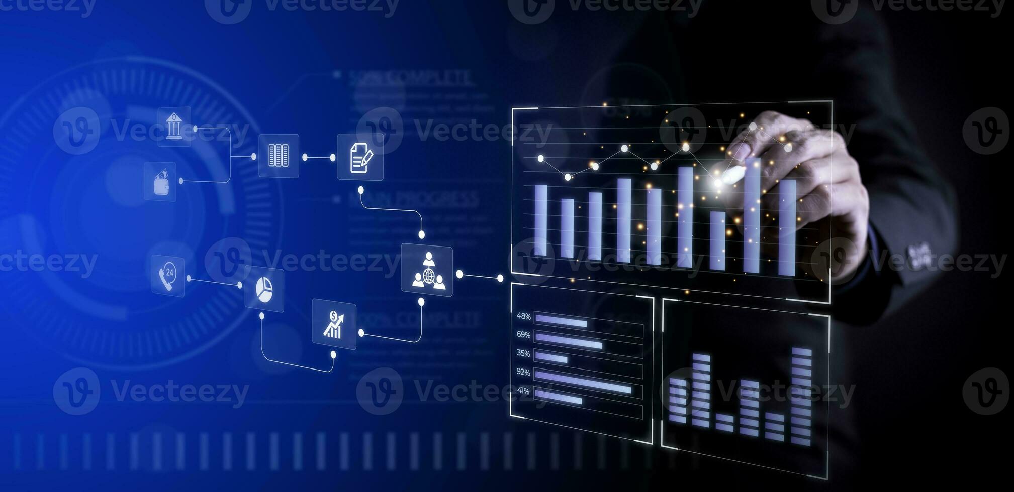 Working Data Analytics and Data Management Systems and Metrics connected to corporate strategy database for Finance, Intelligence,  Business Analytics with Key Performance Indicators, social network photo