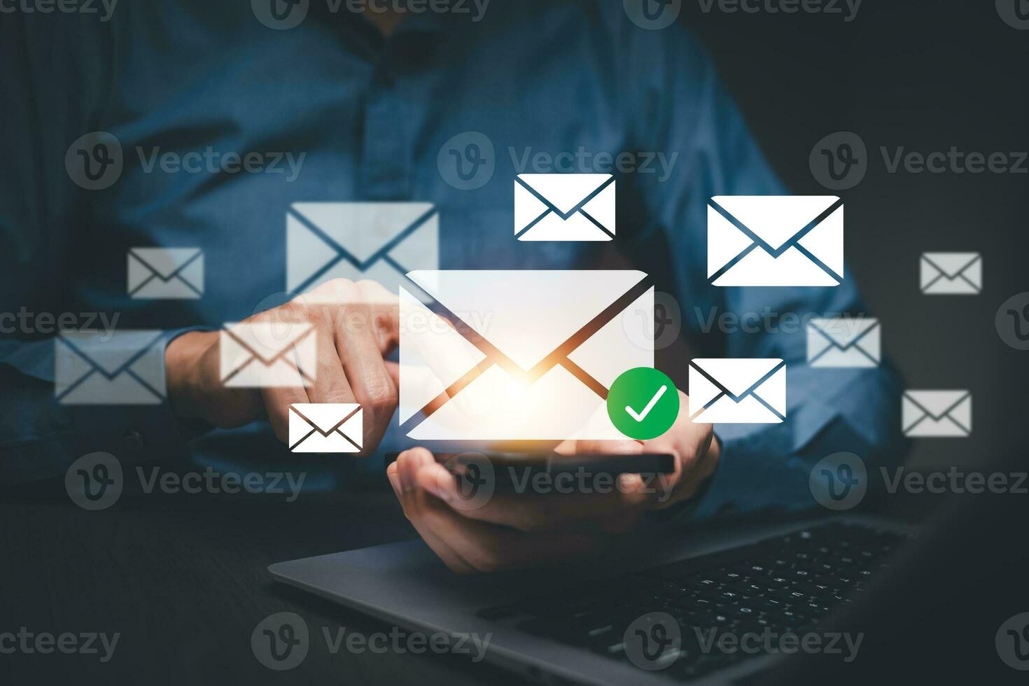 Businessman sending email by laptop computer to customer, business contact and communication, email icon, email marketing concept, send e-mail or newsletter, online working internet network. photo