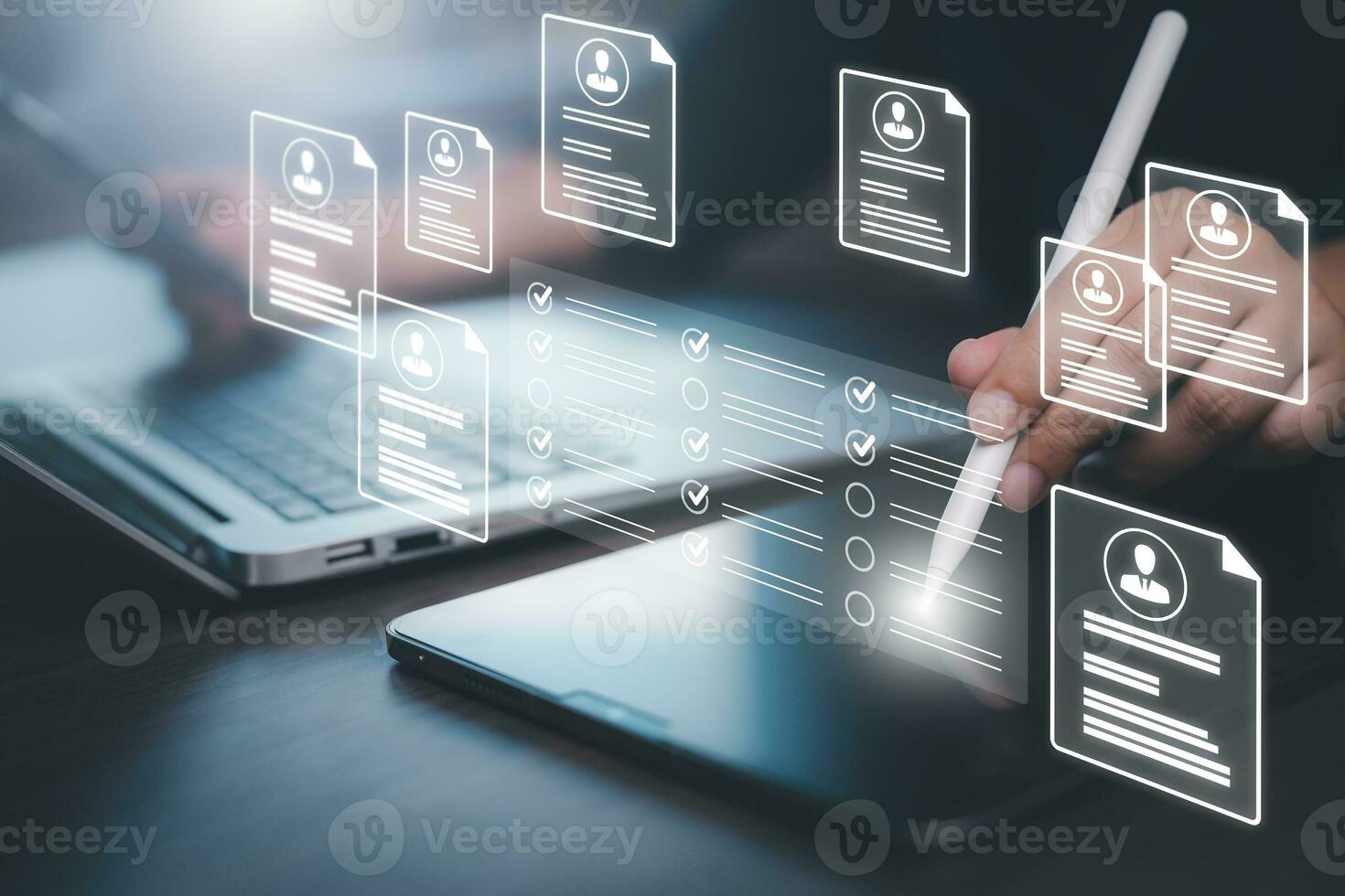 Online survey filling out and digital form checklist by laptop computer, Document Management Checking System, online documentation database and process manage files. photo