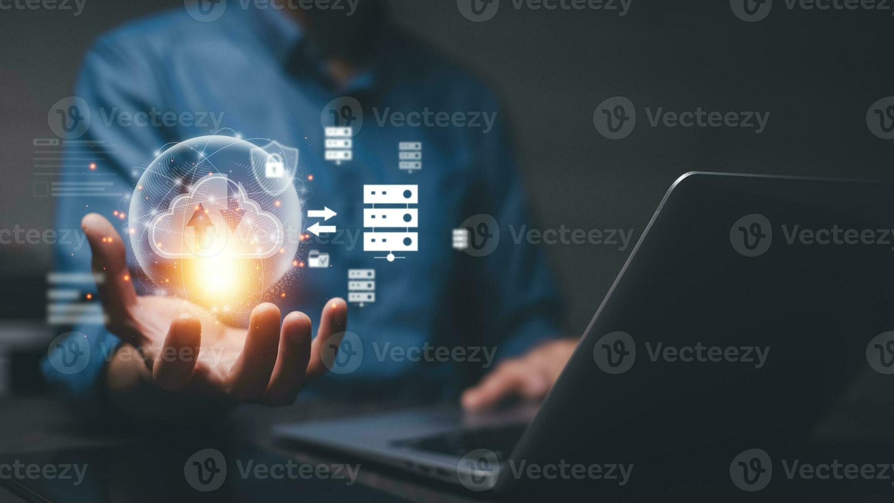 Businessman holding Cloud Share Computing Technology Internet Storage Network Concept and a large database of big data through Internet technology.Data storage and Internet service concept. photo