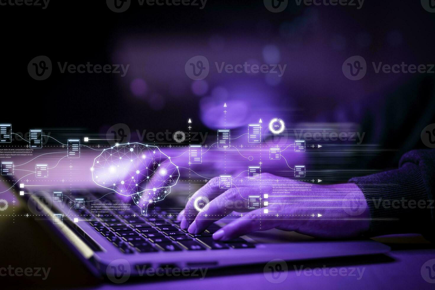 Programmer people working laptops or smartphones with AI, artificial intelligence software engineer coding on laptop computers with technology icons and binary code, big data, Ai bot digital machine photo