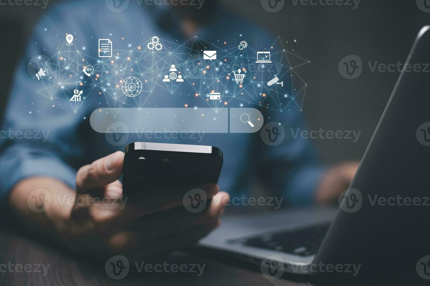 Smartphone with Advanced communication and global internet network connection, Concept of future 5G wireless digital connecting and social media networking. photo