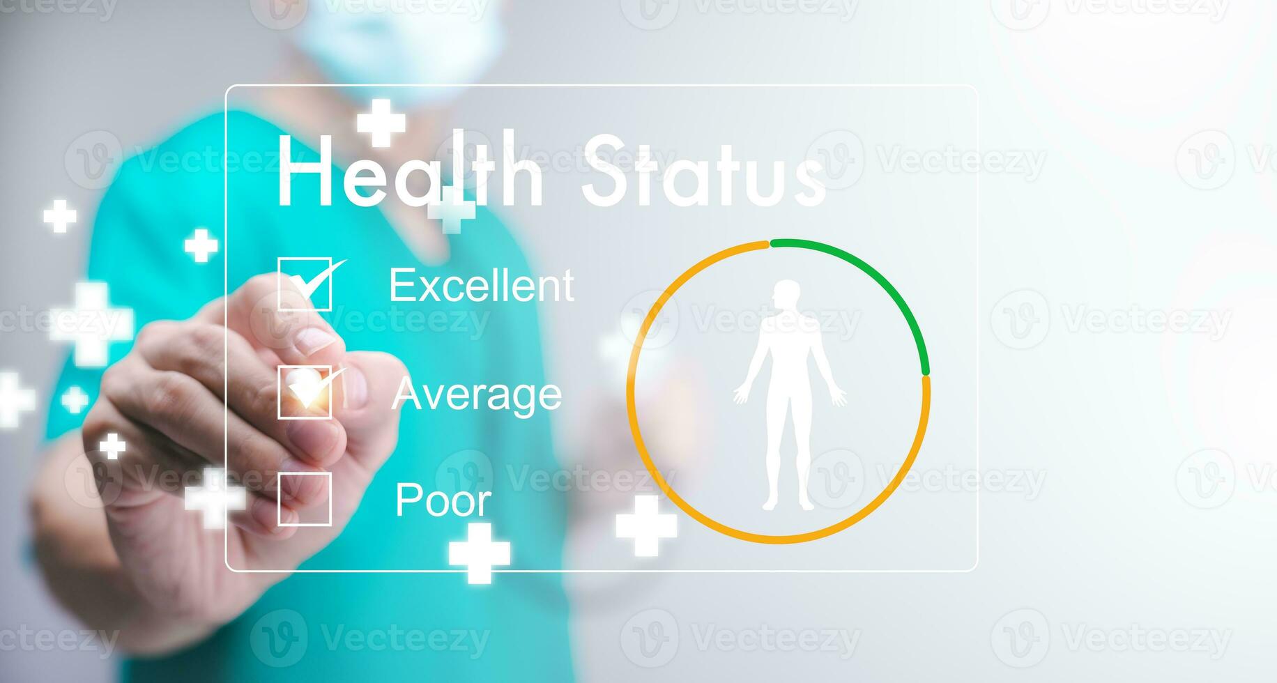 The Woman Doctor uses a pen checkbox for Health status excellence in the Health Status evaluation form, Hospital documents. Medical insurance forms, Doctor paperwork, Health Status concept photo