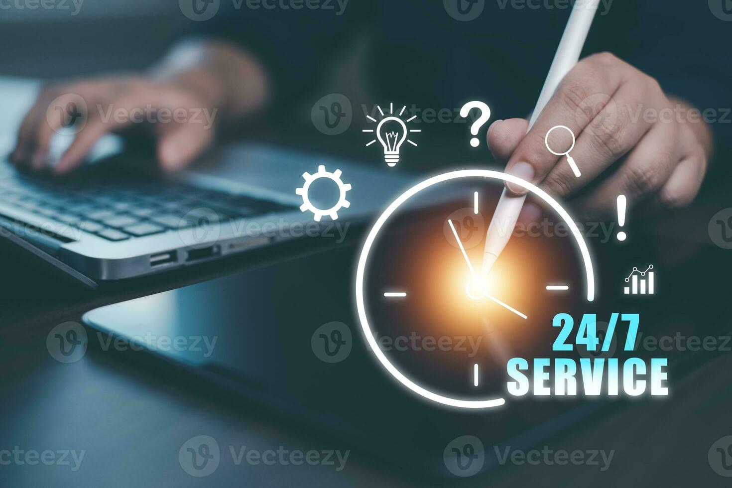 Nonstop Customer Service 24 hr concept. Business people working on laptop virtual 24-7 with the clock worldwide nonstop and full-time available contact of service concept photo