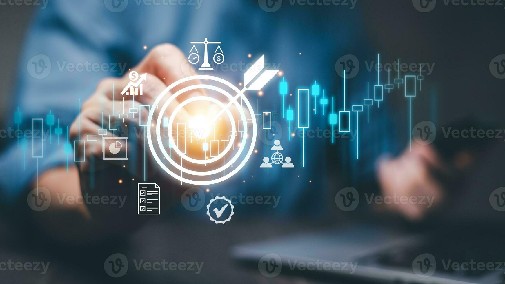 Targeting the business concept, Businessman touch red arrow dart to the virtual target dartboard, Executive marketing, investment goal and target for business investment concept, mini home. photo