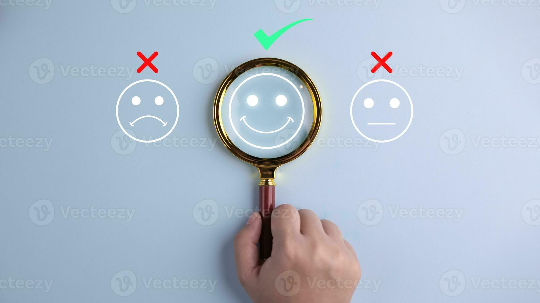 Magnifying glass focus and Customer satisfaction emoticon vote, Marketing survey, Happy icon to smile face for the medical care, mental health positive thinking or satisfaction feedback experience. photo