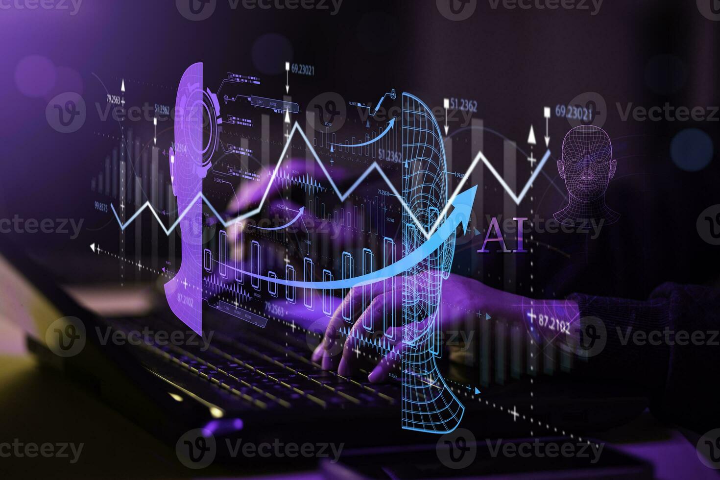 Programmer people working laptops or smartphones with AI, artificial intelligence software engineer coding on laptop computers with technology icons and binary code, big data, Ai bot digital machine photo