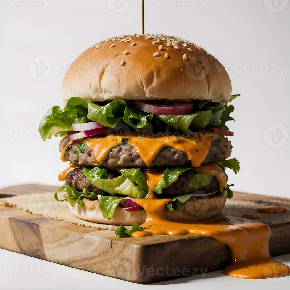 AI generated Cheese Burger with Fries in Wooden Cutting board Ai Generative photo