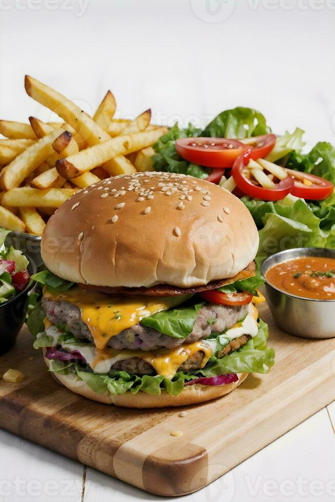 AI generated Cheese Burger with Fries in Wooden Cutting board Ai Generative photo